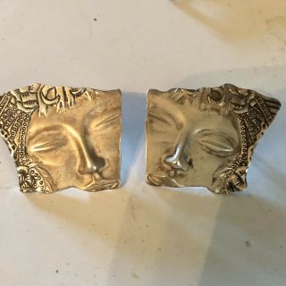 Vintage Mexican Taxco Sterling Silver Large Face Earrings Mcm Pierced