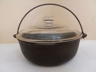 Vintage Cast Iron 2 Quart Bean Pot With Bail Handle & Glass Lid Made In Usa