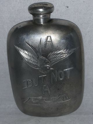 Antique Metal Pocket Flask Engraved Bird And Picture,  Screw Top,  Silver Plate