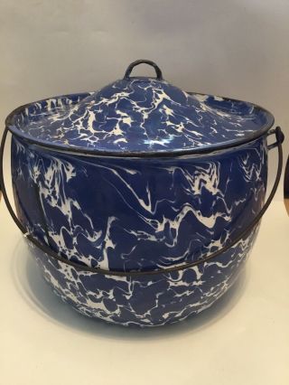 Vintage Blue & White Enamelware Graniteware Bucket/ Pail With Tin Lid