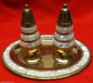 Metal Gold Plated And Abalone Sea Shells Salt & Pepper Shakers & Tray