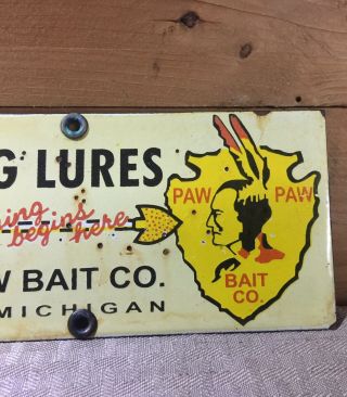 VINTAGE PAW PAW BAIT COMPANY FISHING LURES PORCELAIN SIGN RV CAMPING FISHING 3