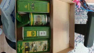 John Deere Items Tins 2 Are Banks,  1 Hot Pack.  Put In Microwave To Heat It.