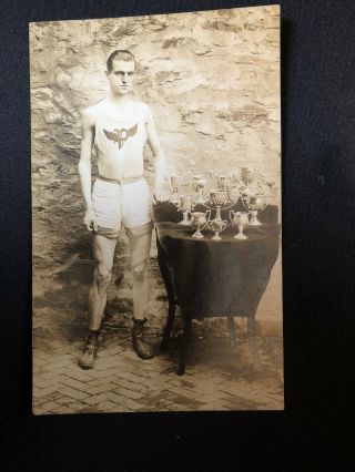 Rppc Handsome Young Man Athlete Runner Trophy Muscle Sexy Gay Track Star 1900s