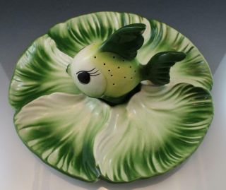 1950s Starnes of CA Crudités Ceramic Hors d ' oeuvre Platter Fish Toothpick Holder 3