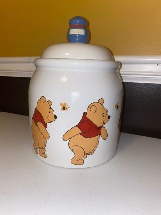 Disney Winnie The Pooh Honey Pot Ceramic Large Cookie Jar.  Story Painted.