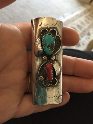 Vintage Old Navajo Sterling Silver Turquoise Coral Hand Tooled Lighter Case