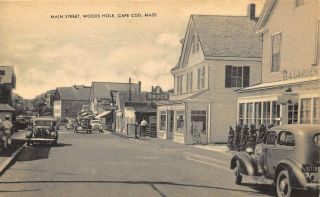 Woods Hole Ma Main Street Storefronts Drug Store Old Cars Postcard.