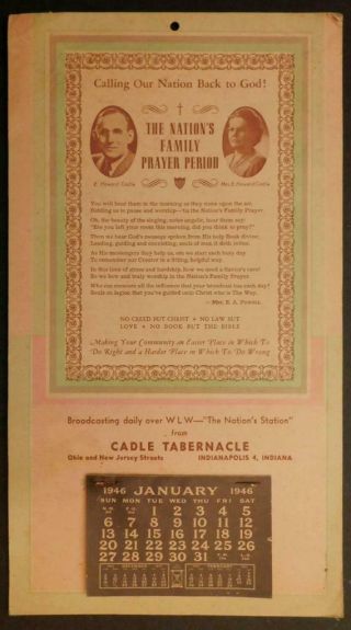 1946 Radio Station Wlw Cadle Tabernacle Advertising Calendar Indianapolis C343