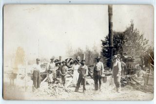 Logging Workers,  Steam Machine,  Traverse City,  Michigan; Photo Postcard Rppc