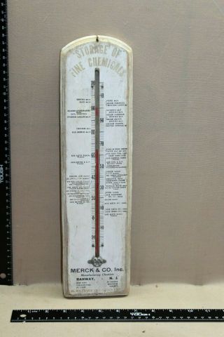 Rare 1920s Merck & Co Storage For Chemicals Painted Wood Thermometer Sign Gas