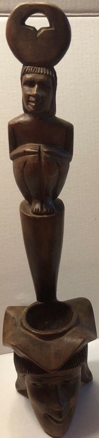 , Vintage Tiki Carved Wood Head Totem Pole Statue Men Art Dipper Ladle Polynesian