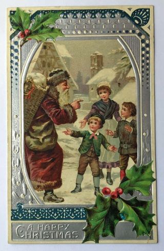 A Happy Christmas Santa With Children Vintage Holiday Postcard C.  1909;i687