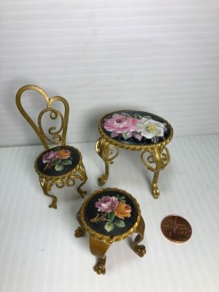 Miniature Porcelain Gold Metal Chair Table Footstool Doll House Furniture
