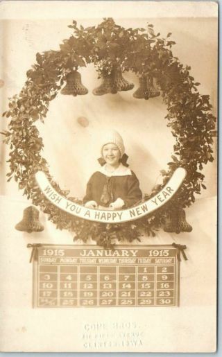 Clinton Iowa Rppc Studio Photo Postcard Year 1915 Jan.  Calendar Blind Stamp