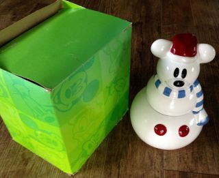 Disney Store Ceramic Mickey Mouse White Red Snowman Cookie Jar Canister Holiday