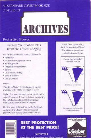 250 Standard Mylar 725r Comic Book Sleeves 4 Mil Thick Gerber Archives 7,  1/4 "
