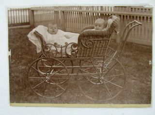 Vintage Photo Of 2 Babies In A Baby Carriage - Wicker Carriage With Large Wheels