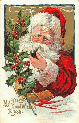 Colorful Red Robe Santa Claus With Pipe Holly Antique Christmas Postcard - M271