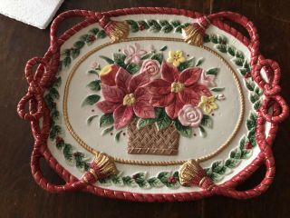 Large Fitz And Floyd Father Christmas Poinsettia Platter W Box