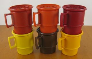 6 Vintage Tupperware Stackable Mugs Coffee Cups 1312 Harvest W/ Coasters Lids