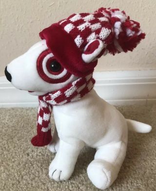Target Bullseye Puppy Dog Plush Stuffed Holiday Winter Scarf & Cap Hat 2001 Red