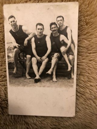 Rppc Group Handsome Men Swimsuits Studio Beach Scene Affectionate Muscle Gay