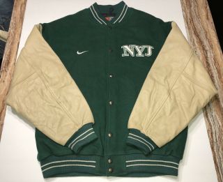 Vintage York Jets Football Jacket Nike Leather Varsity Wool Sz Xl,  Bonus Cap