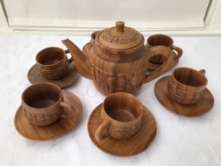 Vintage Monkey Pod Teapot Wooden Teacup Wood Carved Cups Saucers Tea Party Set
