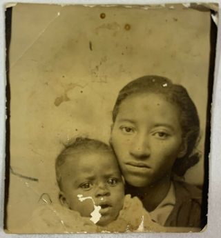Stressed African American Woman With Baby In Photobooth,  Vintage Photo Snapshot