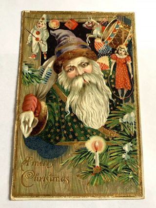 Vintage 1909 Christmas Postcard - Santa Claus Green Robe - Purple Cap - Gold Emb