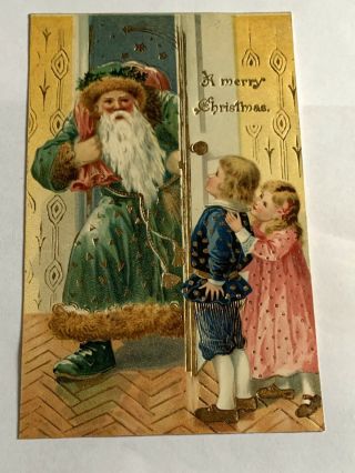 Vintage Christmas Postcard - Santa Claus Green Robe Surprises Children - Gold