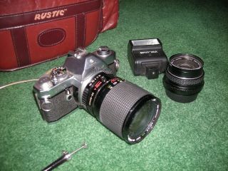 Vintage Pentax Mx 35mm Camera With Data Back,  Lenses,  Flash,  Cable Trigger,  Case
