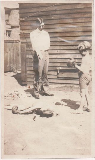 Vtg 1920s Snapshot Photo Knocked - Out Kid Gets The Count In Backyard Boxing Match