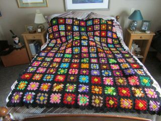 Vintage Handmade Crochet Granny Square Black Multi Color Afghan Throw Blanket 66