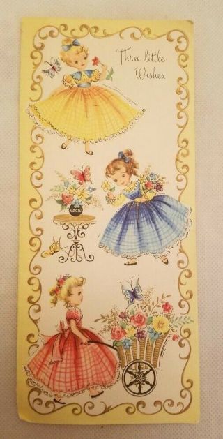 Vtg.  1950s Birthday Sunshine Card 3 Pretty Girls W/flowers & Long Dresses