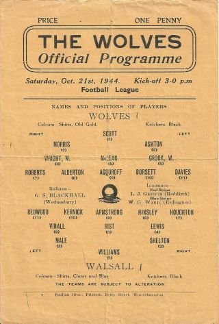 Vintage Ww2 Football Programme Wolves Wolverhampton Wanderers V Walsall 1944
