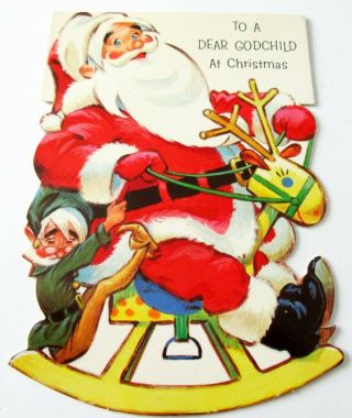Vtg Christmas Card Pete Hawley Santa On Rocking Horse With Elf Hanging On