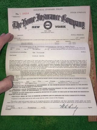 1953 The Home Insurance Company Policy Certificate,  Nashville Branch Arcade Bldg