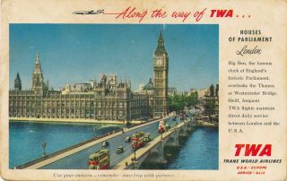 Twa Trans World Airlines Advertising Vintage Postcard Big Ben Clock Red Bus Cars