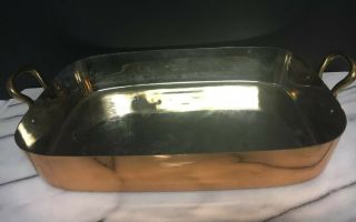 Vintage Copper Roasting Pan Brass Handles Tin Lined Made In Korea 15” By 10”