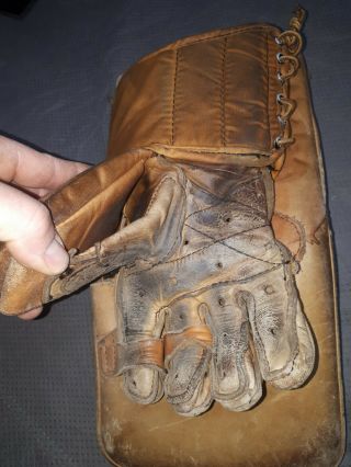 Vintage Canadian Cooper Hockey Goalie Glove Blocker Brown Leather Htf 3
