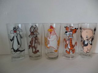 5 - 1973 Pepsi & Warner Bros Glasses - Wile,  Sylvester,  Foghorn,  Porky,  Cool Cat