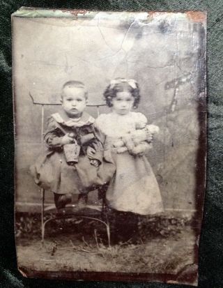 Sweet & Spooky French Tintype Photo Girl Child Bisque Doll Boy Bucket Ball Toy