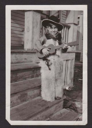 Little Cowboy Plays Guitar Hat Chaps Gun Pistol Old/vintage Photo Snapshot - W195