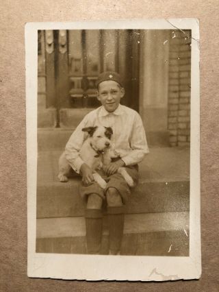Photo of Boy and His Dog,  Wearing Early Scouting Uniform? “John and Buddie” RPPC 2