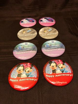 Set 8 Walt Disney World 3” Buttons Pins Engaged Married Anniversary Happily Ever