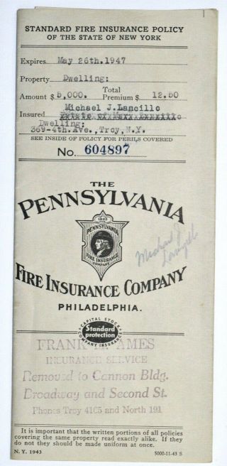 1947 The Pennsylvania Fire Insurance Company Policy L2p