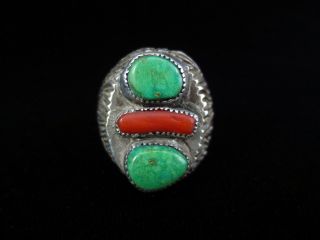Vintage Navajo Ring - Large Sterling Silver,  Turquoise,  And Coral