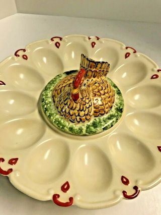Ceramic Hen Chicken On Nest Deviled Egg Plate Platter Server